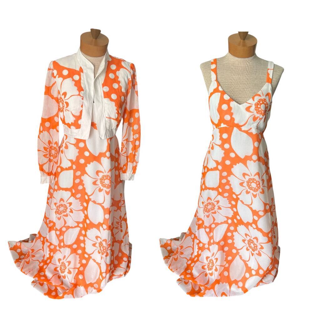 RARE Vintage 1960s Floral Womens Dress Maxi Jacket Tangerine Orange Matching Set